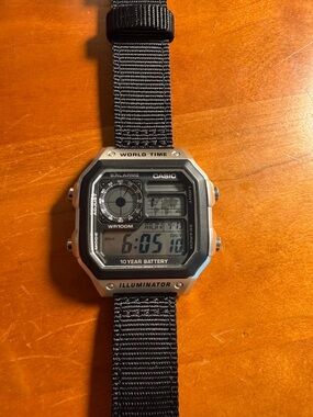 Casio AE 1200 WHD Silver and Black Digital World Time Watch aftermarket strap